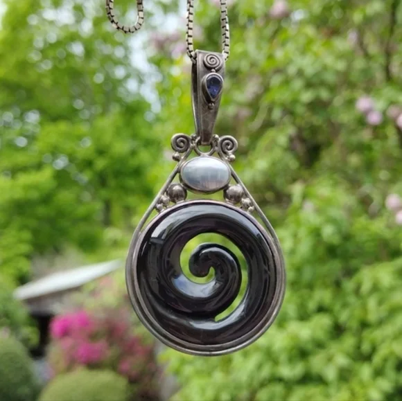 RARE SAJEN Sterling Silver Amethyst Purple Cats Eye Spiral Pearl Pendant w Chain